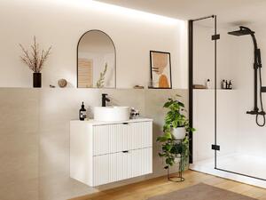 Mobile per bagno sospeso con scanalature e lavabo tondo da appoggio 80 cm Bianco opaco - ZEVINI