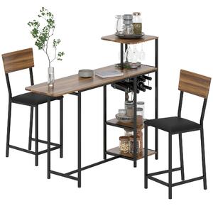 HOMCOM Set Bancone Bar Pieghevole e 2 Sgabelli Alti con Schienale, Portavini e Portacalici, Marrone