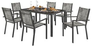 Outsunny Set da Giardino 7 Pezzi in Acciaio con Tavolo Rettangolare e 6 Sedie Impilabili Traspiranti, Grigio e Nero | Aosom Italy
