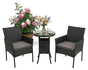 Set di mobili da giardino Relaxdays, set da salotto in rattan da 3 pezzi, per 2 persone, 2 poltrone e tavolo in vetro, mobili da relax, da esterno, nero