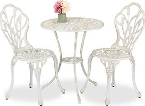 Set di mobili da giardino Relaxdays, 3 pezzi, tavolo e 2 sedie, fusione di alluminio, mobili da balcone in stile antico, salottino da giardino, bianco/bronzo