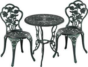Set di mobili da giardino Relaxdays, 3 pezzi, tavolo e 2 sedie, mobili da balcone in stile vintage, fusione di alluminio, salottino da giardino, nero/verde