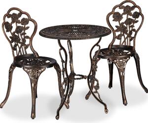 Set di mobili da giardino Relaxdays, 3 pezzi, tavolo e 2 sedie, mobili da balcone in stile vintage, fusione di alluminio, salottino da giardino, nero/bronzo