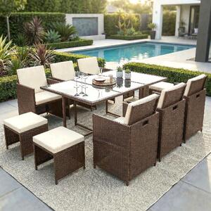 Gruppo di sedute in poly rattan tavolo da pranzo salotto mobili da giardino set da 11 pezzi 1x tavolo + 6x sedie + 4x sgabelli - marrone