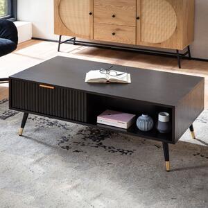FineBuy Tavolino 110x60x43 cm Nero con decoro in rovere Tavolo da soggiorno Tavolo rettangolare da divano con vano portaoggetti Tavolino con cassetti Tavolo da soggiorno