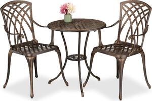 Set di mobili da giardino Relaxdays, 3 pezzi, tavolo, 2 sedie, fusione di alluminio, mobili da balcone in stile antico, salottino da giardino, nero/bronzo