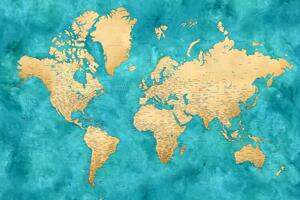 Mappa Detailed world map with cities in gold and teal watercolor Lexy, Blursbyai