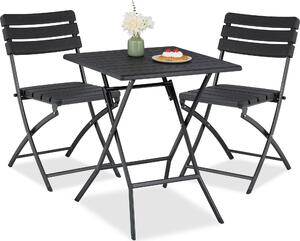 Set di mobili da balcone Relaxdays, 3 pezzi, 1 tavolo e 2 sedie, pieghevoli, set da giardino effetto legno, acciaio e plastica, nero