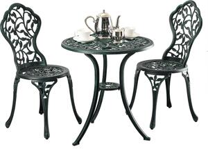 Set di mobili da giardino Relaxdays, 3 pezzi, tavolo e 2 sedie, fusione di alluminio, mobili da balcone con motivo a foglie, salottino da giardino, verde