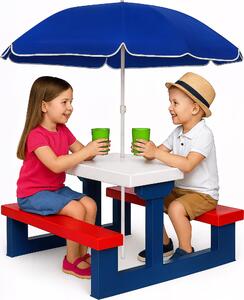Spielwerk Set Tavolo e 2 Panche da Gioco per Bambini con Ombrellone Protezione UV Picnic Mobili Panchine Bimbi Giardino Casa