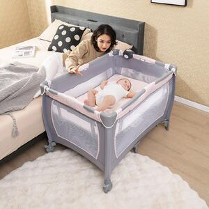 Costway Box portatile per bambini con culla a dondolo e fasciatoio, Lettino pieghevole pack per neonati e bambini fino a 3 anni Rosa