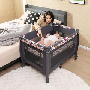 Costway Box portatile per bambini con culla a dondolo e fasciatoio, Lettino pieghevole pack per neonati e bambini fino a 3 anni Rosa scuro