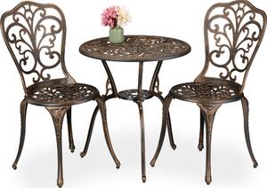 Set di mobili da giardino Relaxdays, 3 pezzi, tavolo, 2 sedie, fusione di alluminio, mobili da balcone in stile antico, salottino da giardino, nero/bronzo