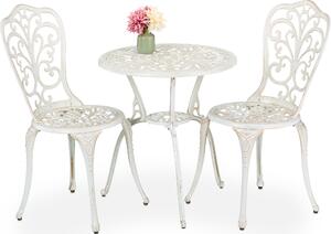 Set di mobili da giardino Relaxdays, 3 pezzi, tavolo e 2 sedie, fusione di alluminio, mobili da balcone in stile antico, salottino da giardino, bianco/bronzo