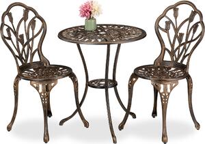 Set di mobili da giardino Relaxdays, 3 pezzi, tavolo, 2 sedie, fusione di alluminio, mobili da balcone in stile antico, salottino da giardino, nero/bronzo