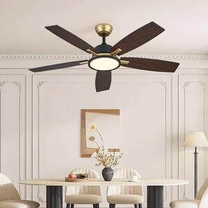 Ventilatore a soffitto ZELURXX con LED, diametro 132 cm (52 pollici), 5 pale in compensato, colore nero e oro, reversibile, con telecomando, 6 velocità, dimmerabile, silenzioso, adatto per l'estate e l'inverno