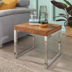 FineBuy tavolino quadrato 45cm in legno massello di sheesham con struttura cromata, tavolo da salotto di design, tavolo da divano con struttura in metallo, tavolino in vero legno