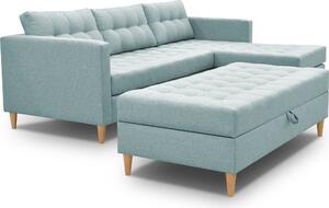 3xDivano angolare living MALORY - divano letto moderno con poggiapiedi, in azzurro, gambe in legno, pouf montabile su entrambi i lati, larghezza 220 cm, 6 varianti di colore