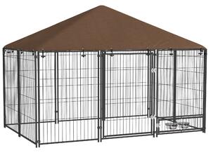 PawHut Recinto per Cani con Porticina per Ciotole, in Metallo e Tessuto Oxford, 211x141x151 cm, Nero e Marrone | Aosom Italy