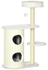 Albero Tiragraffi per Gatti Alto 100 cm Cesto e Casetta a 2 Livelli con Palo Graffiatoio in Sisal Crema