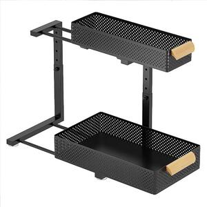 Organizer per mobile sotto lavello - Scaffale estraibile a 2 ripiani - Regolabile in altezza - Design scorrevole - Acciaio - Per cucina e bagno - Nero