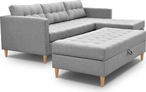 3xDivano angolare living MALORY - divano letto moderno con poggiapiedi, grigio chiaro, gambe in legno, pouf montabile su entrambi i lati, larghezza 220 cm, 6 varianti di colore
