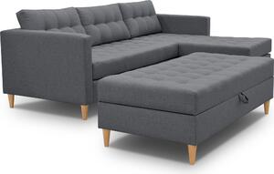 3xDivano angolare living MALORY - divano letto moderno con poggiapiedi, in grigio scuro, gambe in legno, pouf montabile su entrambi i lati, larghezza 220 cm, 6 varianti di colore