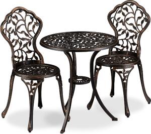 Set di mobili da balcone Relaxdays, 3 pezzi, tavolo da balcone con 2 sedie, decorato, alluminio, tavolo da bistrot HxP: 65x60 cm, bronzo