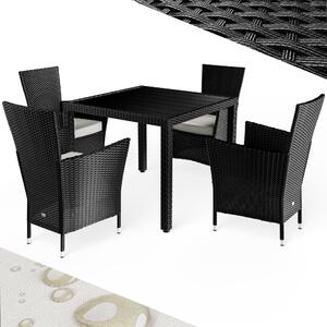 Casaria® Mobili da Giardino in Polyrattan 4 Sedie Impilabili Tavolo 90x90cm in WPC Legno Resistente Terrazzo Balcone Set da Pranzo per Esterno Nero