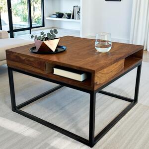 WOHNLING Tavolino 60x60x40 cm Legno massiccio di sheesham / metallo Tavolo da divano Tavolo quadrato da soggiorno con vano portaoggetti Tavolo da caffè Solido Tavolo piccolo