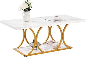 Tavolino da salotto - Tavolino rettangolare a due livelli - Effetto marmo - Struttura in metallo - Con ripiano - Portata 95 kg - Dimensioni 120 x 59,5 x 48 cm - Bianco