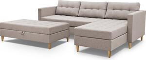 3xDivano angolare living MALORY - divano letto moderno con poggiapiedi, in marrone chiaro, gambe in legno, pouf montabile su entrambi i lati, larghezza 220 cm, 6 varianti di colore