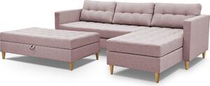 3xDivano angolare living MALORY - divano letto moderno con poggiapiedi, in rosa chiaro, gambe in legno, pouf montabile su entrambi i lati, larghezza 220 cm, 6 varianti di colore