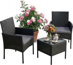 Set di mobili da giardino Relaxdays, set da salotto in rattan da 3 pezzi, per 2 persone, 2 poltrone e tavolo in vetro, mobili da relax, da esterno, nero