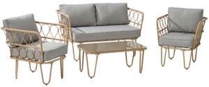 Outsunny Salotto da Giardino Rattan 4 Pezzi con Divano 2 Posti, 2 Poltrone e Tavolino con Piano in Vetro, Cuscini Sfoderabili e Lavabili, Giallo|Aosom