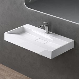 Doporro Lavabo da Appoggio Bagno Sospeso Lavandino Rettangolare in Marmoresina con Piletta di Scarico Inclusa Colossum19, 90x46x11 cm Bianco Lucido Monoforo