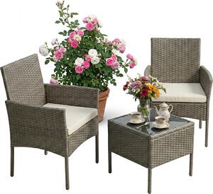 Set di mobili da giardino Relaxdays, set da salotto in rattan da 3 pezzi, per 2 persone, 2 poltrone e tavolo in vetro, mobili da salotto, da esterno, grigio