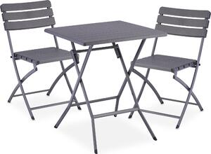 Set di mobili da balcone Relaxdays, 3 pezzi, 1 tavolo e 2 sedie, pieghevoli, set da giardino effetto legno, acciaio e plastica, grigio
