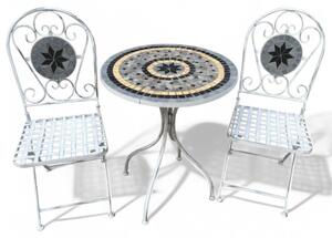 Set bristò 1 tavolo e 2 sedie in acciaio marmo con decorazioni mosaico bianco e grigio da giardino