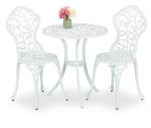 Set di mobili da giardino Relaxdays, 3 pezzi, tavolo e 2 sedie, fusione di alluminio, mobili da balcone con motivo a foglie, salottino da giardino, bianco