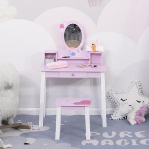DecHome Set Tavolo Toeletta Specchio e Sgabello in Legno per Bambini Rosa
