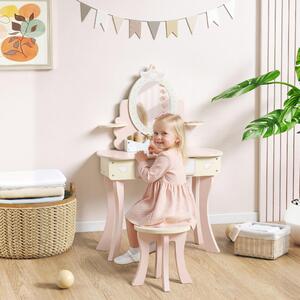 DecHome Set Toeletta per Bambini con Specchio e Sgabello in Legno 2 in 1 con 7 Accessori Inclusi colore Rosa