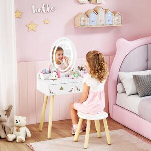 DecHome Set Toeletta per Bambini da 3 Anni con Specchio Illuminato e Sgabello, 2 Cassetti e 2 Scatole colore Bianco