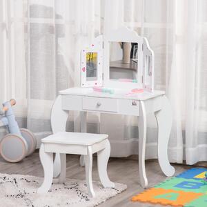 DecHome Toeletta per Bambini con Sgabello in Legno Tavolo Trucco con Triplo Specchio e Cassetto 63x40x85.5cm Bianco