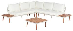 Set da giardino con divano angolare a 5 posti tavolino in legno d'acacia e cuscini bianco sporco esterno stile moderno Beliani