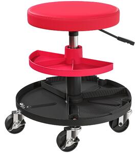 HOMCOM Sgabello da Officina con Ruote da 6 cm, Capacità fino a 135 kg, Altezza Regolabile 40-51 cm, con Vassoi Porta Utensili, Rosso | Aosom Italy