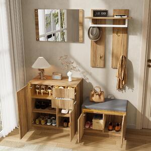 Set di armadietto per ingresso MODFU, composto da 4 elementi: armadietto con specchio, mobiletto per scarpe, appendiabiti e panca imbottita per scarpe. Arredamento moderno per l'ingresso, stile naturale