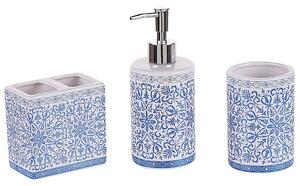 Set di 3 Accessori Bagno in Ceramica bianca e blu decorata dispenser sapone Portaspazzolino recipiente Beliani