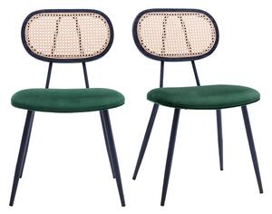 Sedie design in velluto verde scuro, metallo nero e intreccio di rattan (set di 2) SWANN