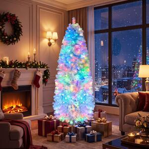 Costway Albero natalizio sottile base pieghevole in metallo controllabile da app e telecomando, Albero di natale illuminato 190cm